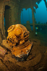 "Mark V Helmet on USS Saratoga, Bikini Atoll"